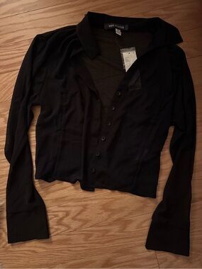 Urban Outfitters Black Button-Front Collared Long Sleeve Top